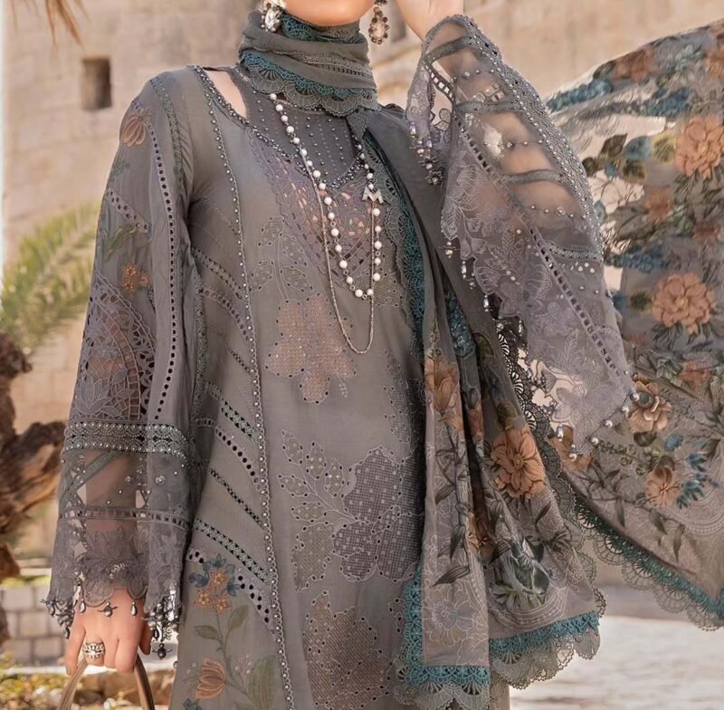 Maria B Luxury Embroidered Lawn 3-Piece with Net Dupatta & Cambric Trouser MB79846 - Image 4