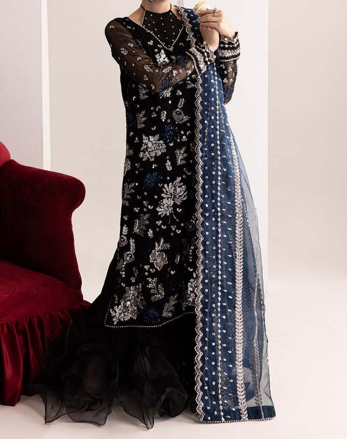 Nureh Heavy Embroidered Black Chiffon Unstitched Dress - N1202 - Image 3