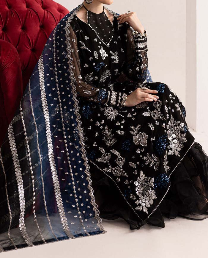 Nureh Heavy Embroidered Black Chiffon Unstitched Dress - N1202 - Image 4