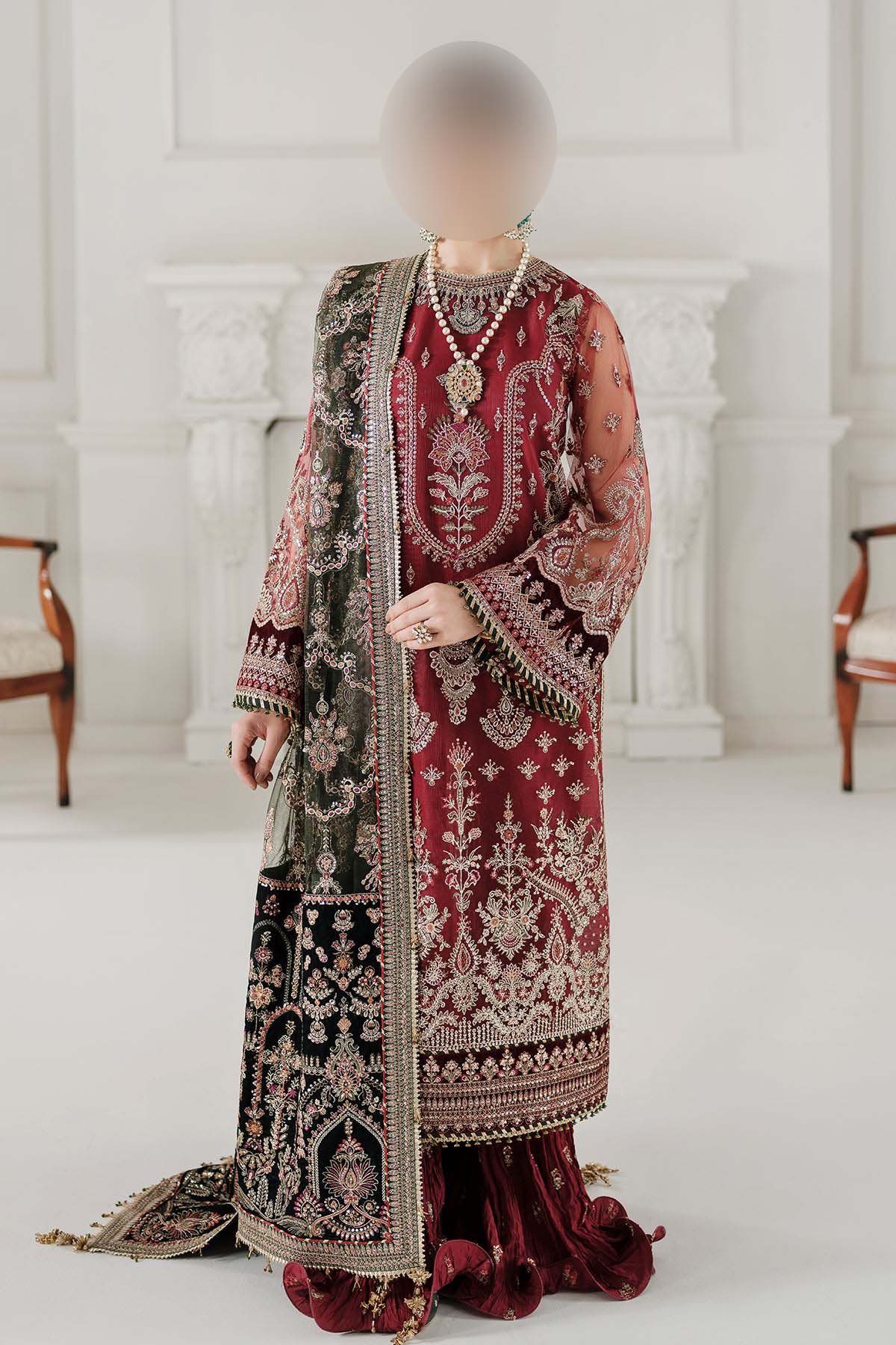 Baroque Embroidered Net 3-Piece with Heavy Spangle Work & Shamosh Silk Trouser BQ684653