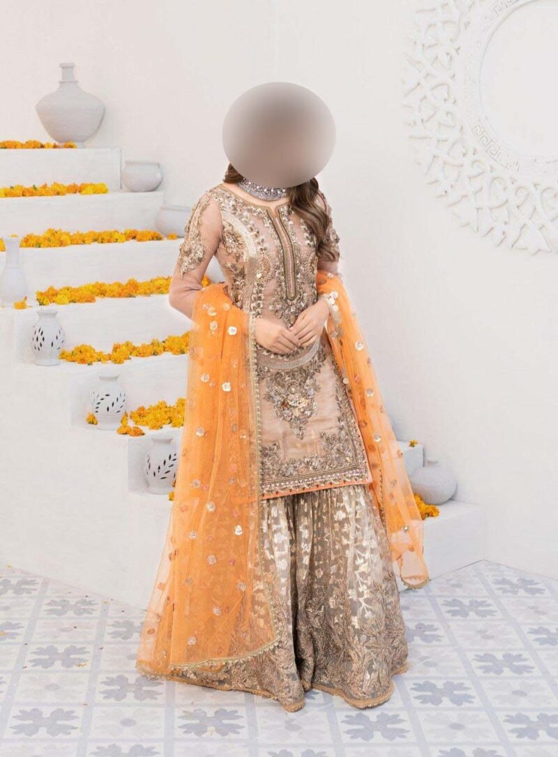 Khuda Buksh Embroidered Maysoori Suit with Net Dupatta & Lehnga Fabric KB8970 - Image 3