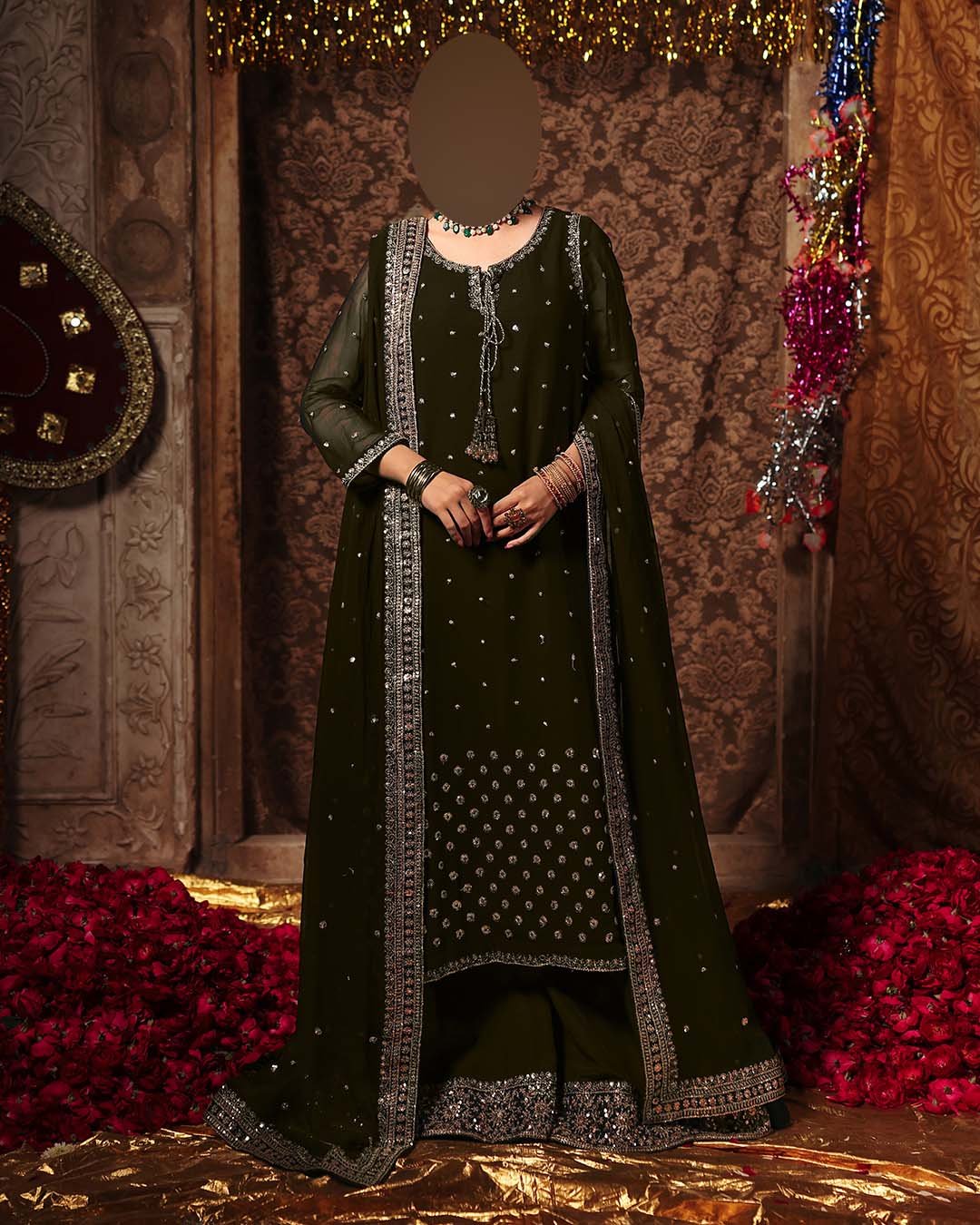 Charizma Pure Chiffon Suit with Embroidered Sequence Work & Malai Trouser C319