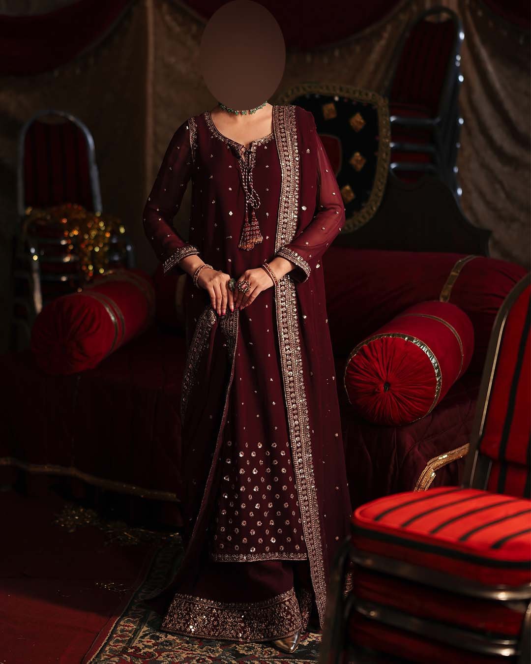 Charizma Pure Chiffon Suit with Embroidered Sequence Work & Malai Trouser C320