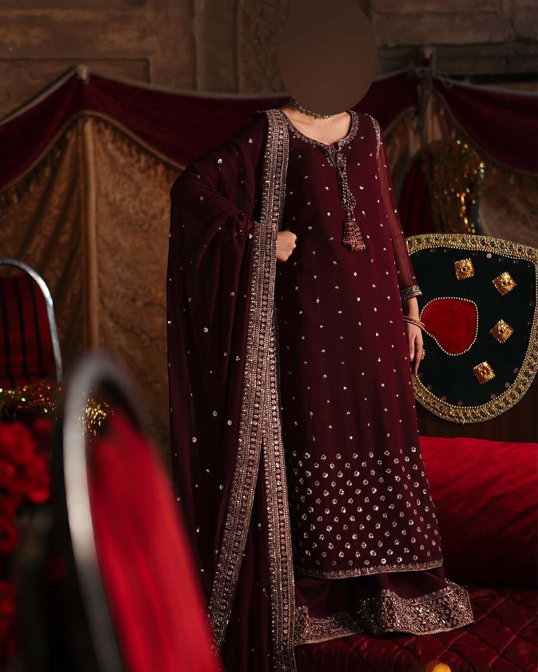 Charizma Pure Chiffon Suit with Embroidered Sequence Work & Malai Trouser C320 - Image 4
